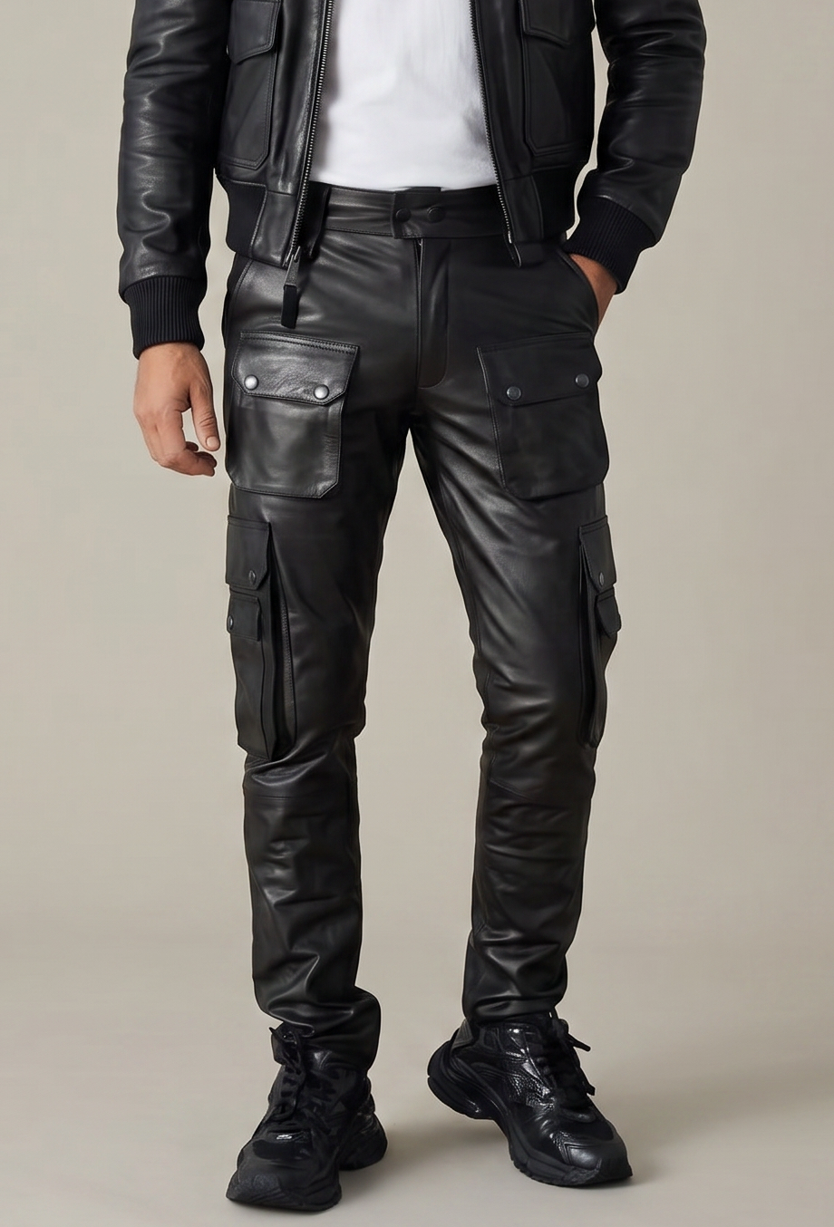 Men's Real Cowhide Leather Cargo Pants Bikers Pants