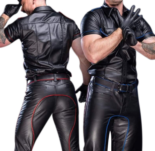 Men's Real Leather Pants & Police Shirt Contrast Piping BLUF Pants And Shirt