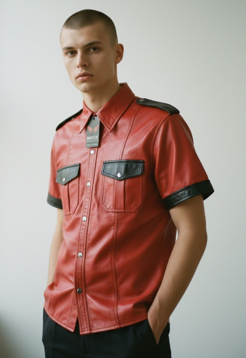 Men’s Lamb Leather Police Shirt Contrast Trims Short Sleeve Bluf Police Shirt