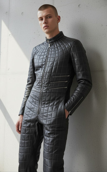 Men's Real Leather Spider Web Quilted Jumpsuit