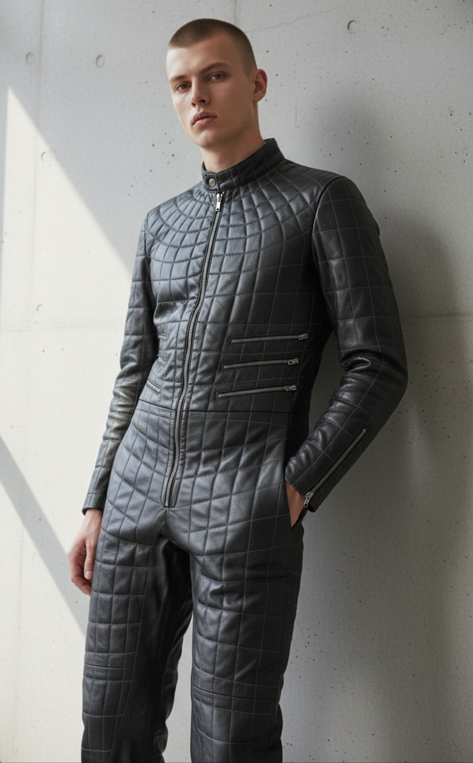 Men's Real Leather Spider Web Quilted Jumpsuit