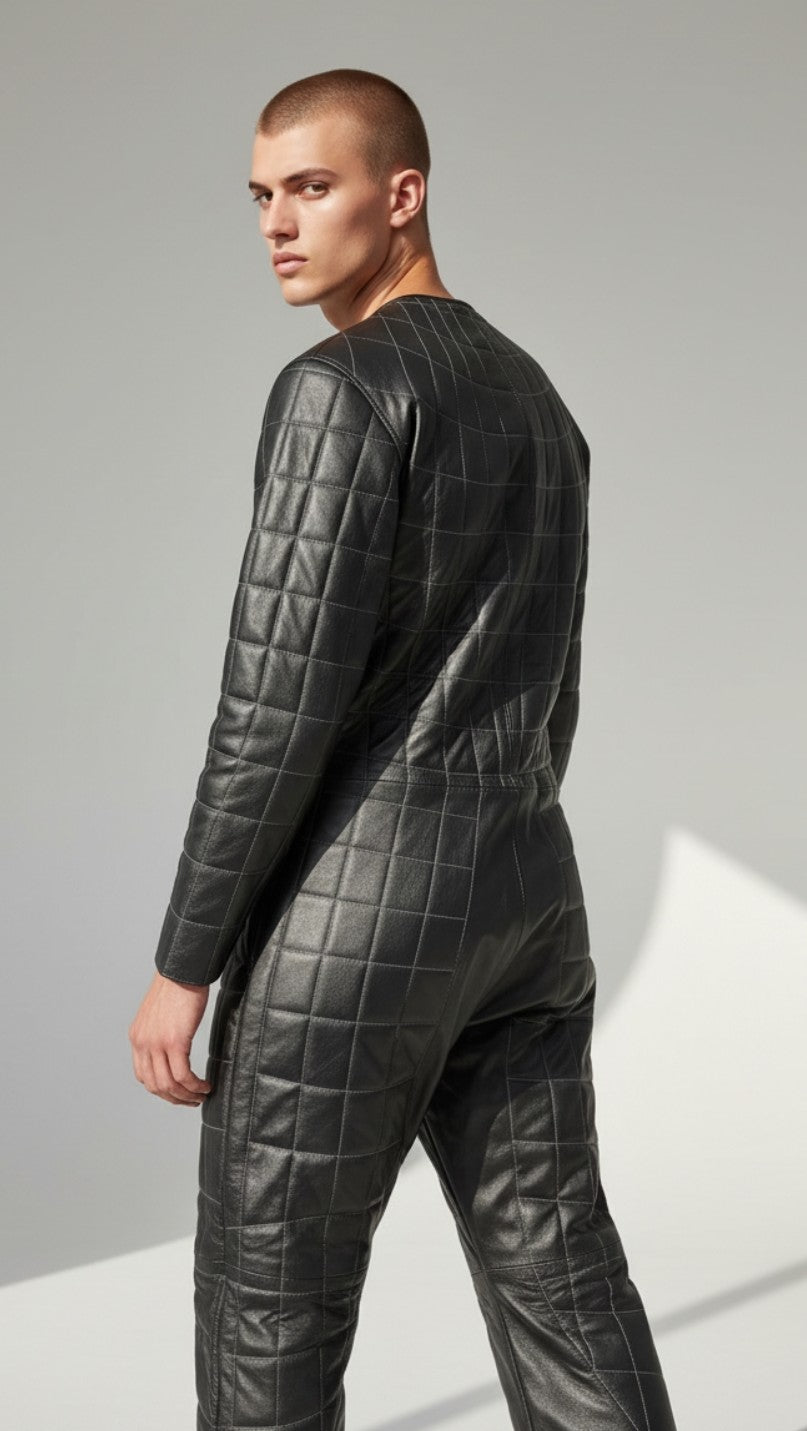 Men's Real Leather Spider Web Quilted Jumpsuit