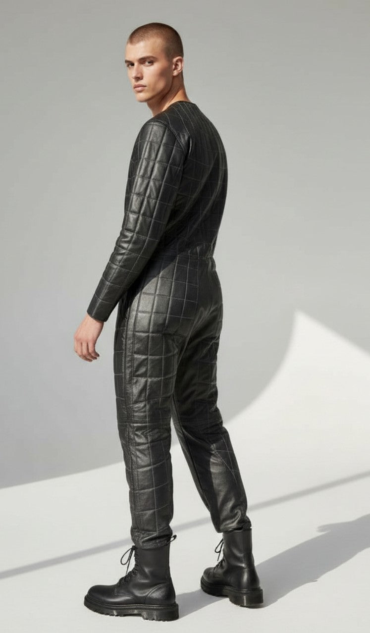 Men's Real Leather Spider Web Quilted Jumpsuit