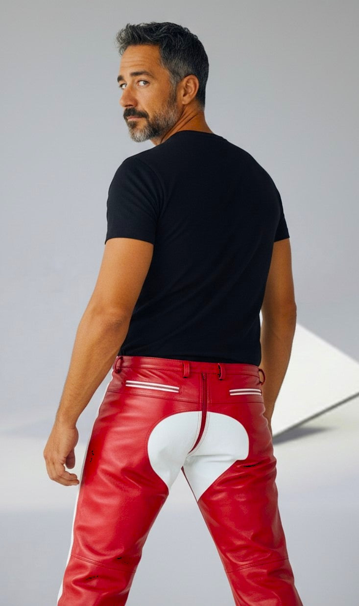 Men's Real Leather Quilted Panels BLUF Pants Slim Fit Contrast Panels Pants: