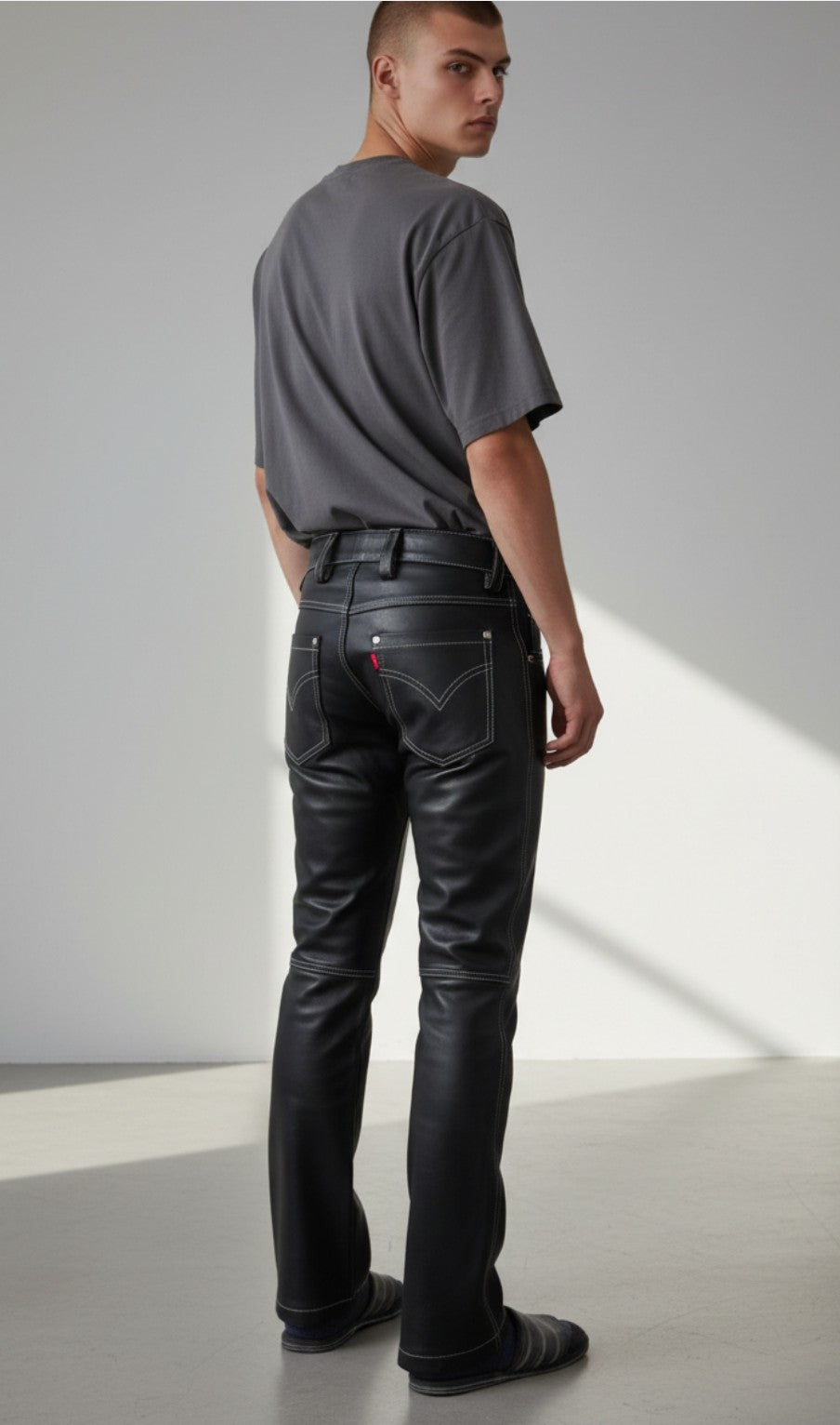 Men’s Real Cow Leather Slim Fit 5 Pockets Pants With Contrast Stitch: