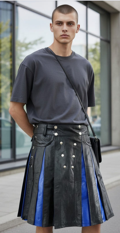 Men's Real Cowhide Leather Utility Kilt Side Laces & Pockets With Red Panels: