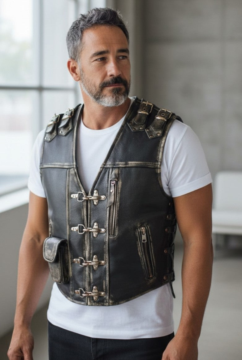 Men's Real Cowhide Distressed Leather Bikers Vest Handmade Vest: