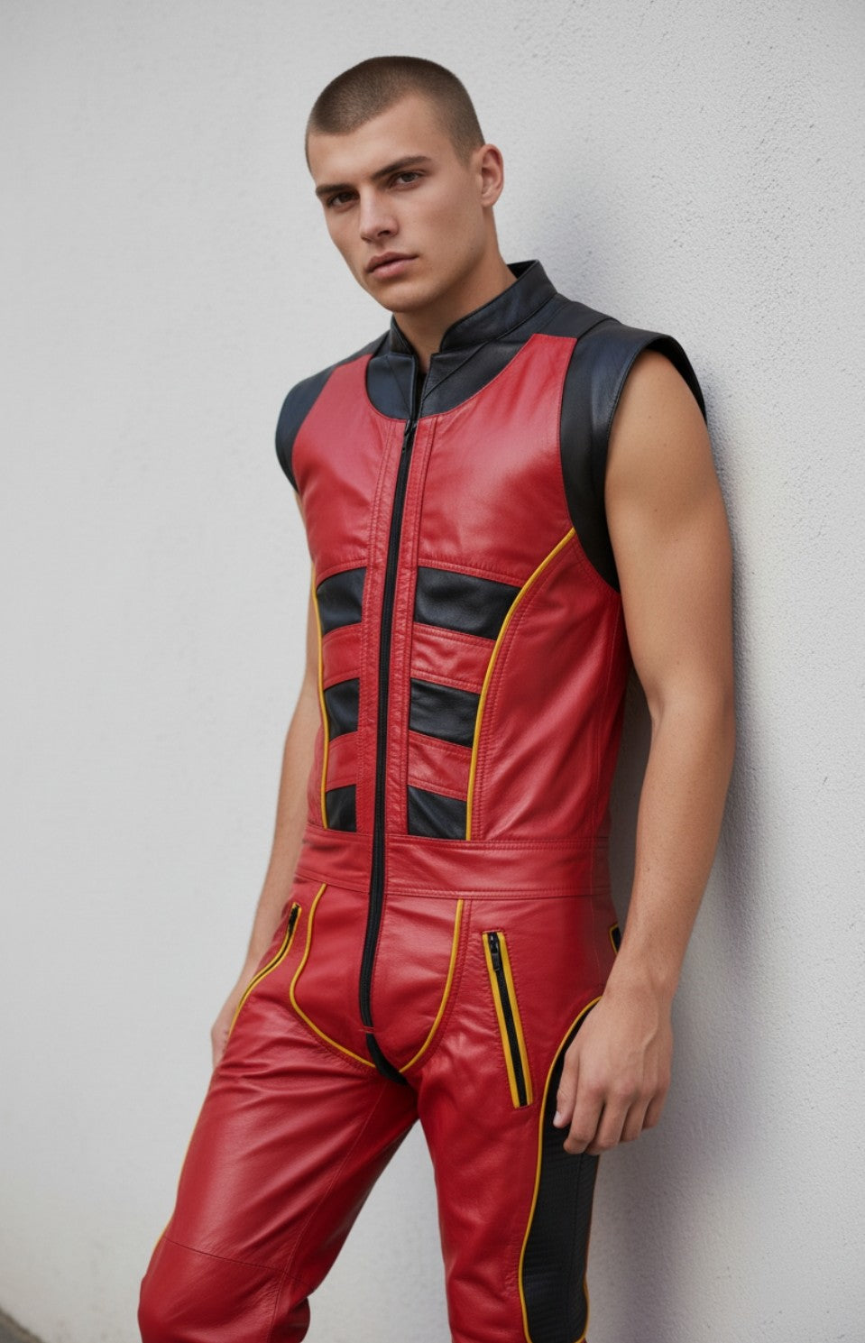 Men's Real Leather  Sleeveless  Jumpsuit  With Quilted Panels Jumpsuit