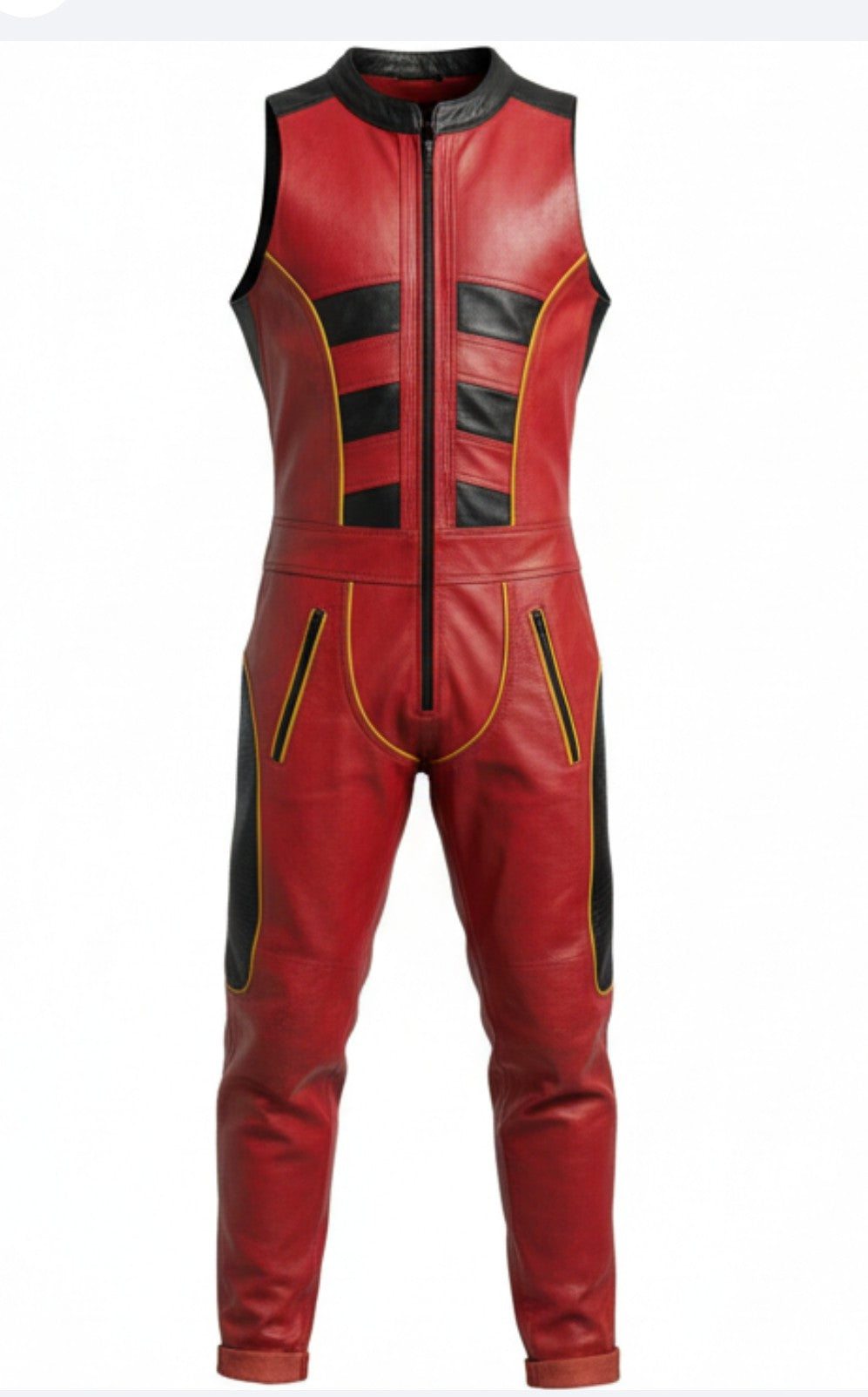 Men's Real Leather  Sleeveless  Jumpsuit  With Quilted Panels Jumpsuit