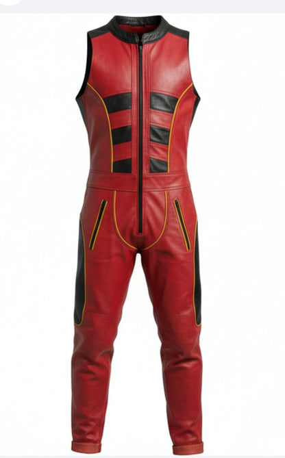 Men's Real Leather  Sleeveless  Jumpsuit  With Quilted Panels Jumpsuit