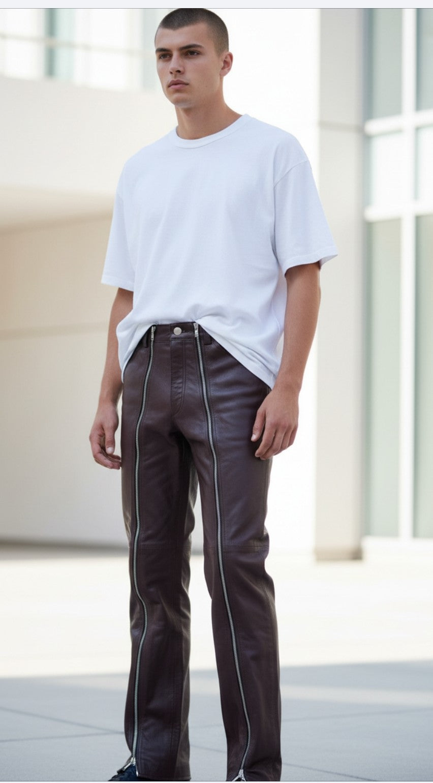 Men’s Real Cow Leather Slim Fit Full Length Zipped Front Panels Pants: