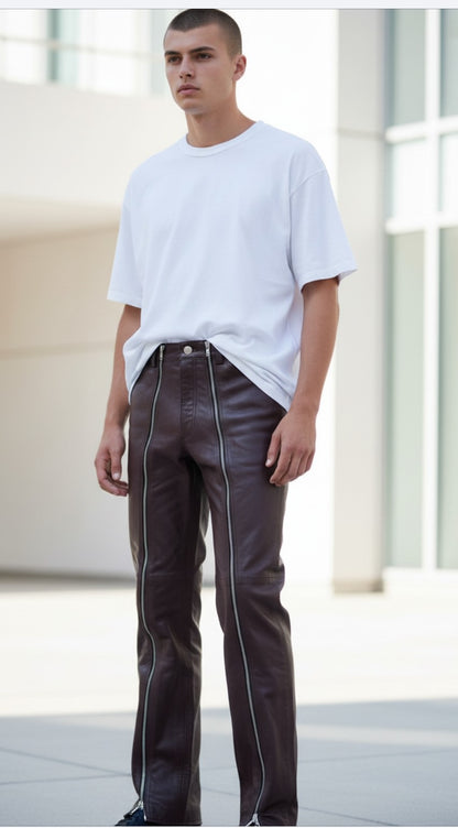 Men’s Real Cow Leather Slim Fit Full Length Zipped Front Panels Pants: