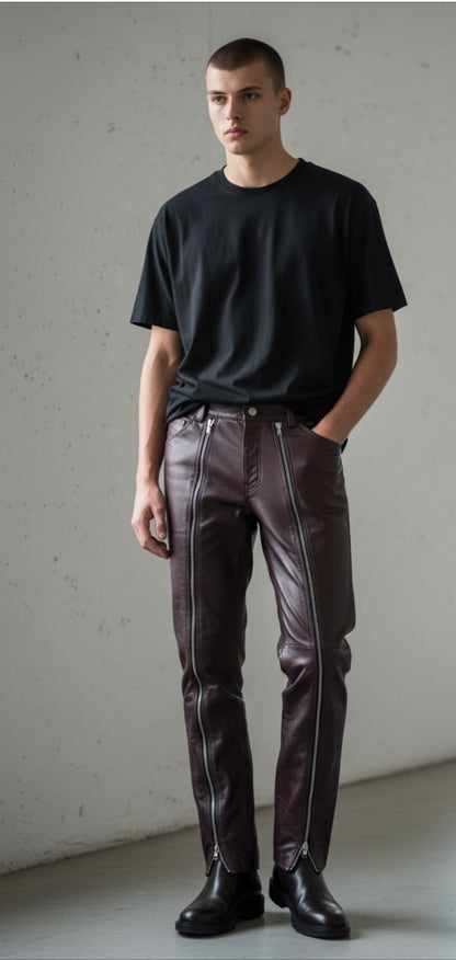 Men’s Real Cow Leather Slim Fit Full Length Zipped Front Panels Pants: