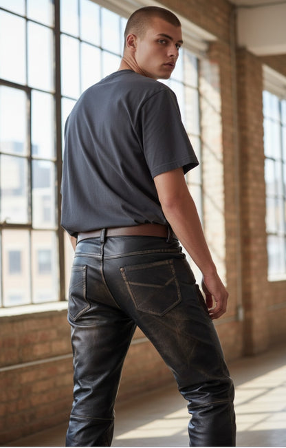 Men's Vintage Leather 5 Pockets Style Bikers Pants / Handmade Bikers Trouser