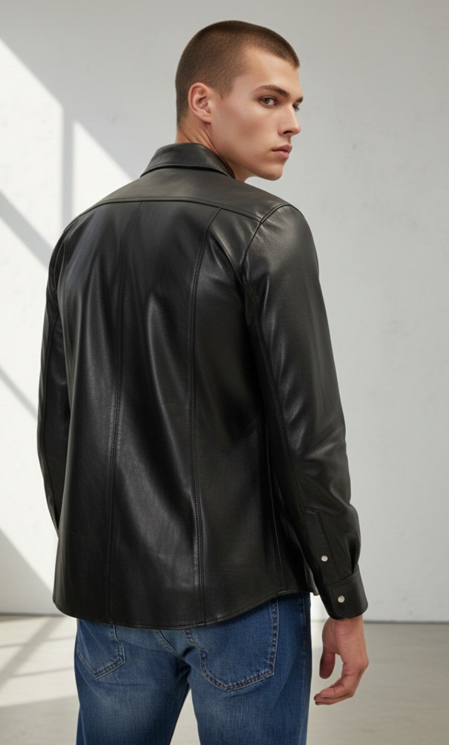 MEN'S REAL COWHIDE LEATHER LONG SLEEVES SHIRT WITH CHEST POCKETS