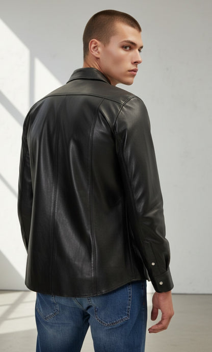 MEN'S REAL COWHIDE LEATHER LONG SLEEVES SHIRT WITH CHEST POCKETS