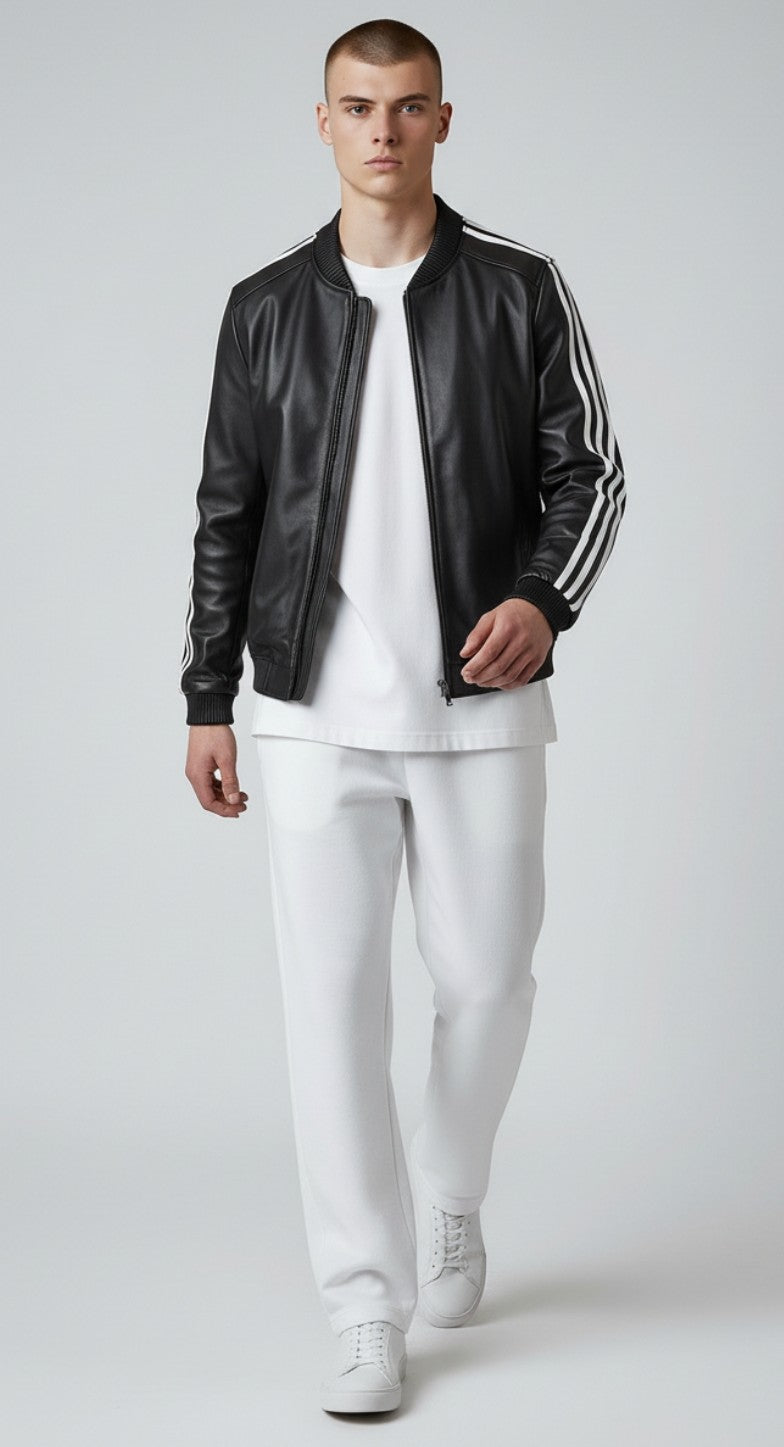 Men's Real Lamb Leather Bomber Jacket Stretchable Collar ,Cuffs & Waist & White Leather Stripes: