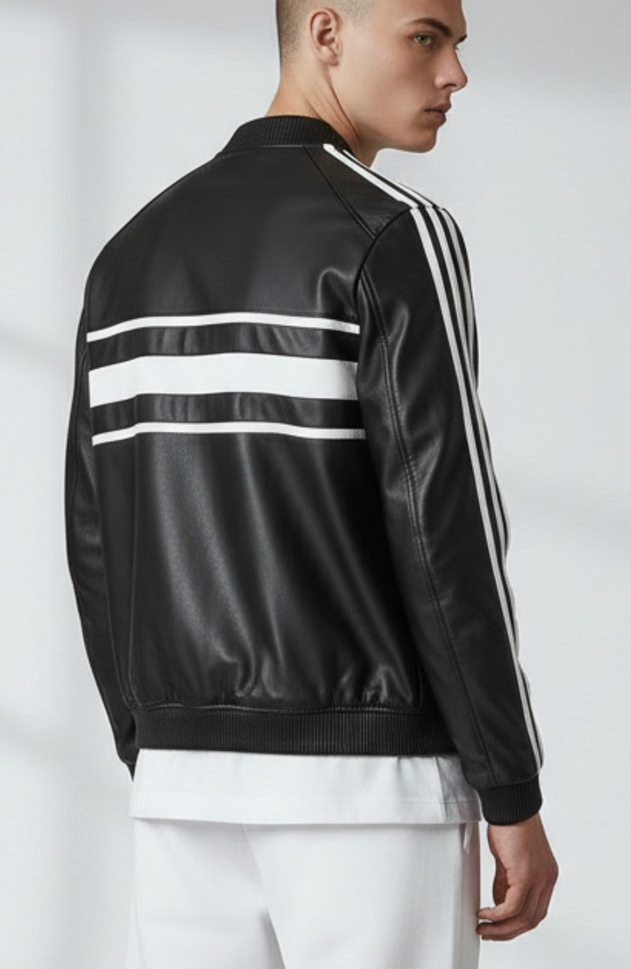 Men's Real Lamb Leather Bomber Jacket Stretchable Collar ,Cuffs & Waist & White Leather Stripes: