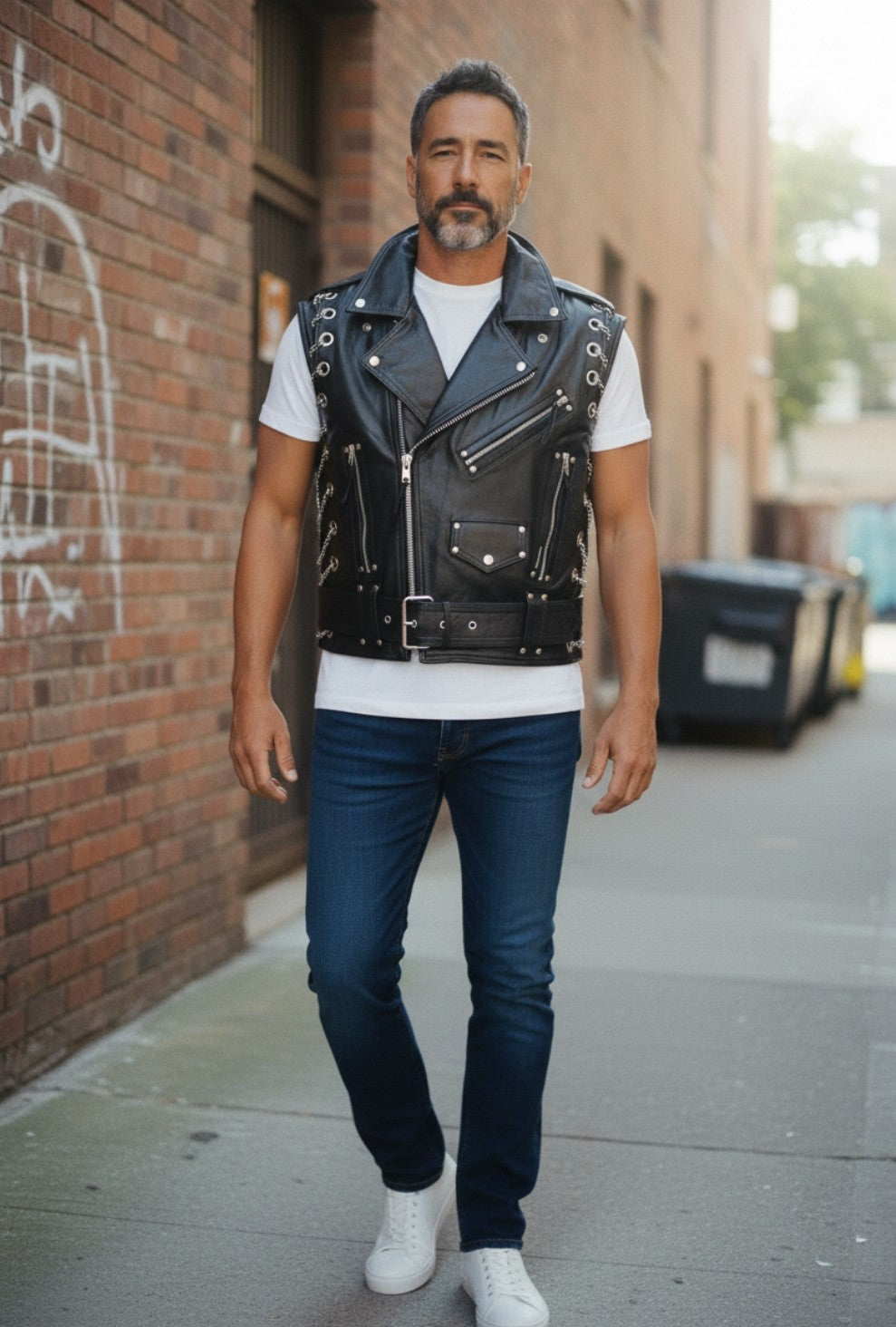 Men's Real Leather Bikers Vest Brando Vest With Metal Chains Bikers Leather Vest