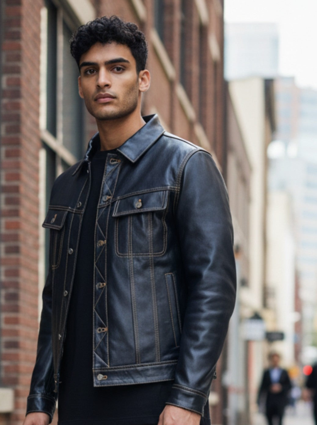 Men's Real Cow Leather Trucker Jacket Contrast Thread Levi's Style Bikers Jacket