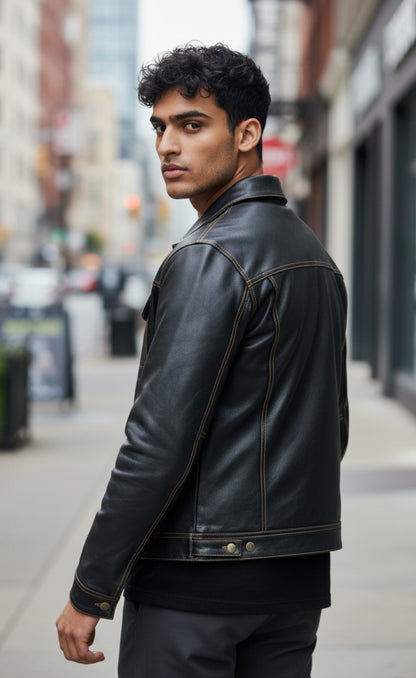 Men's Real Cow Leather Trucker Jacket Contrast Thread Levi's Style Bikers Jacket