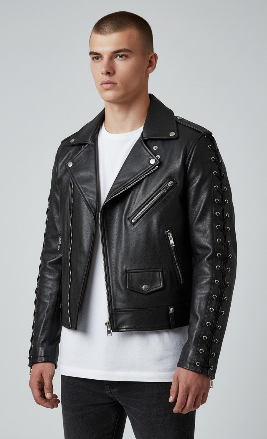 Men’s Real Leather Bikers Jacket Cowhide Leather Laced Up Sleeves Bikers Jacket