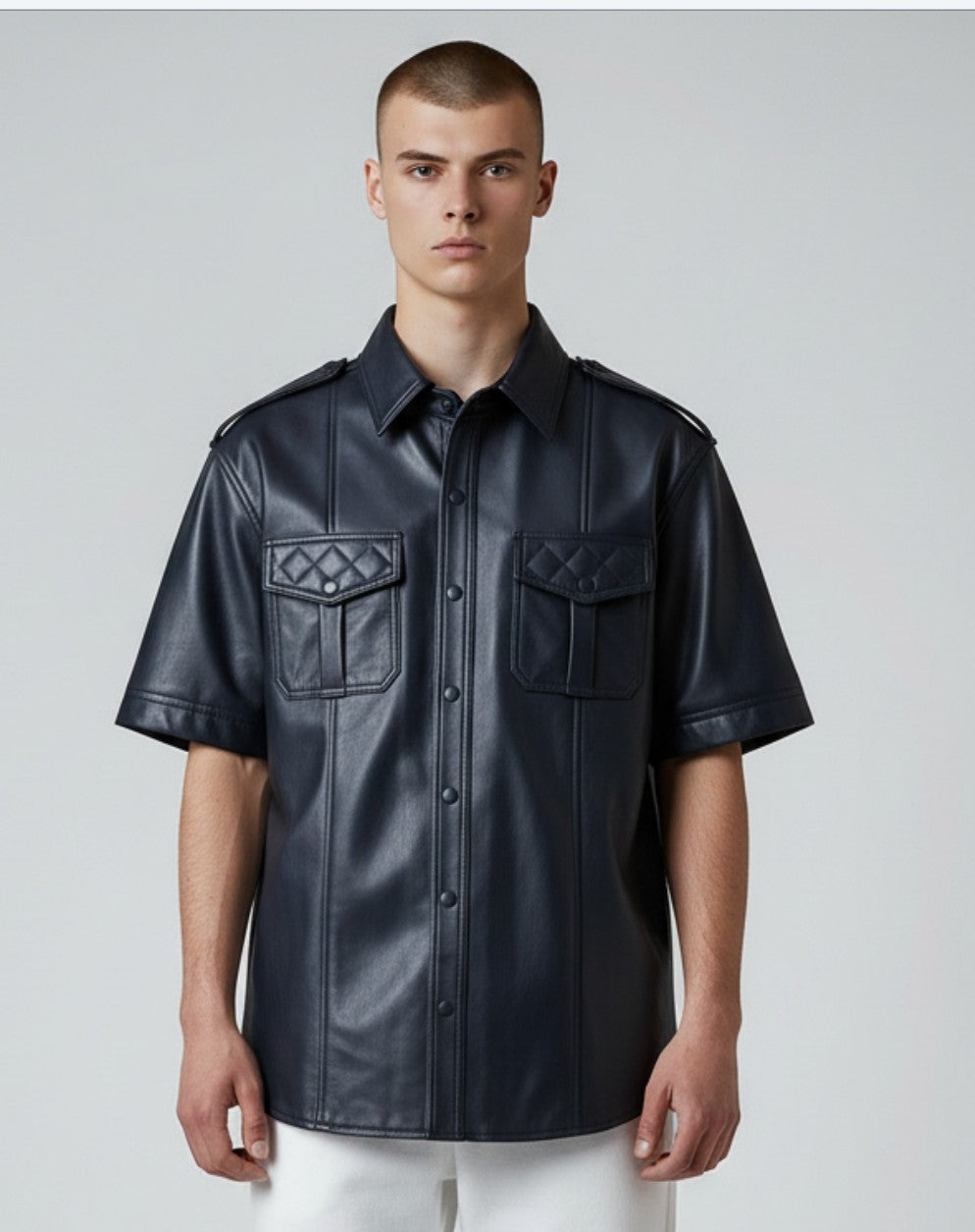 Men's Real Lamb Leather Police Shirt Quilted Panels Gay Leather Shirt