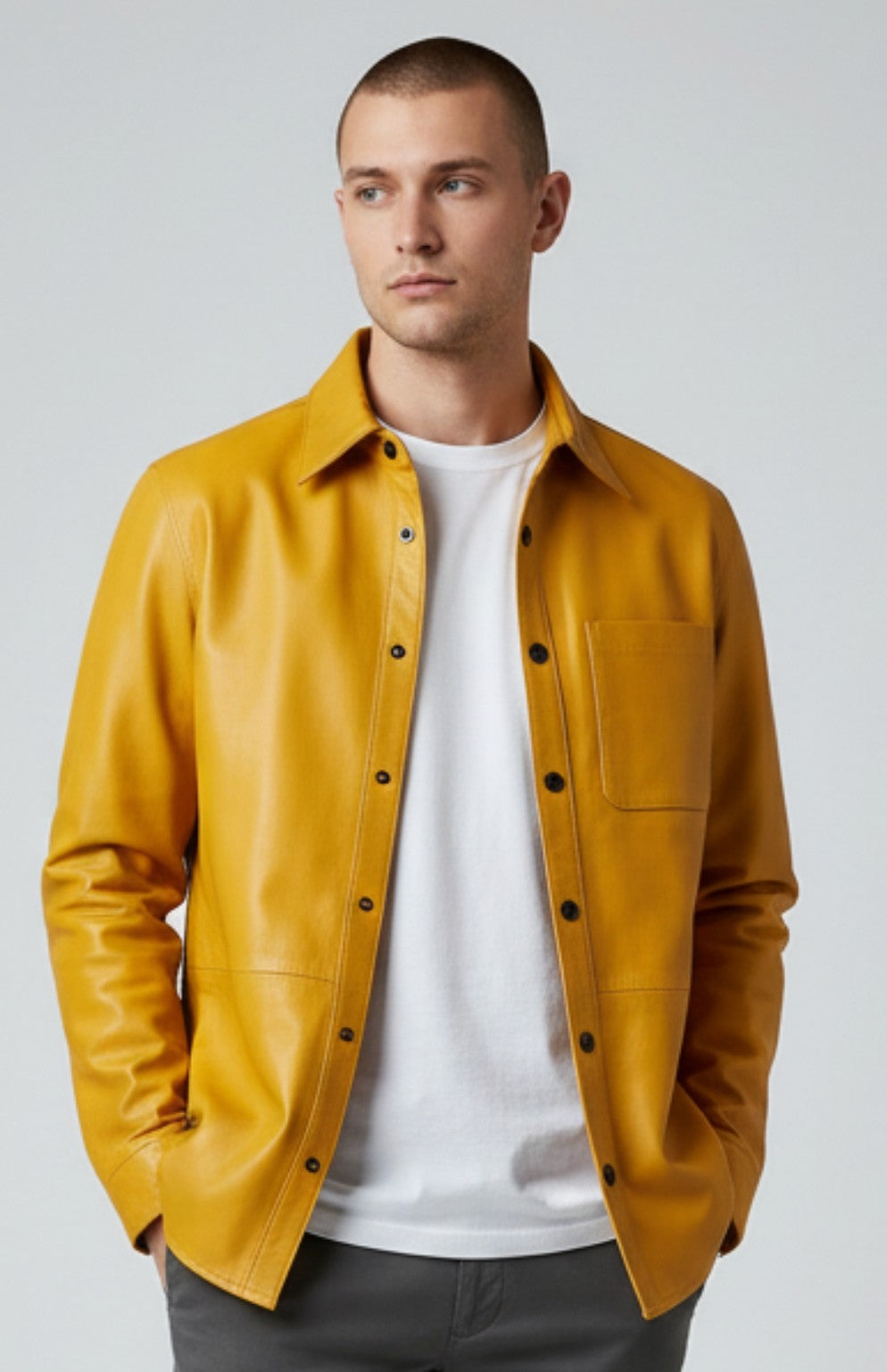 Men's Real Leather Full Sleeves Shirt Chest Pockets Yellow Leather Shirt