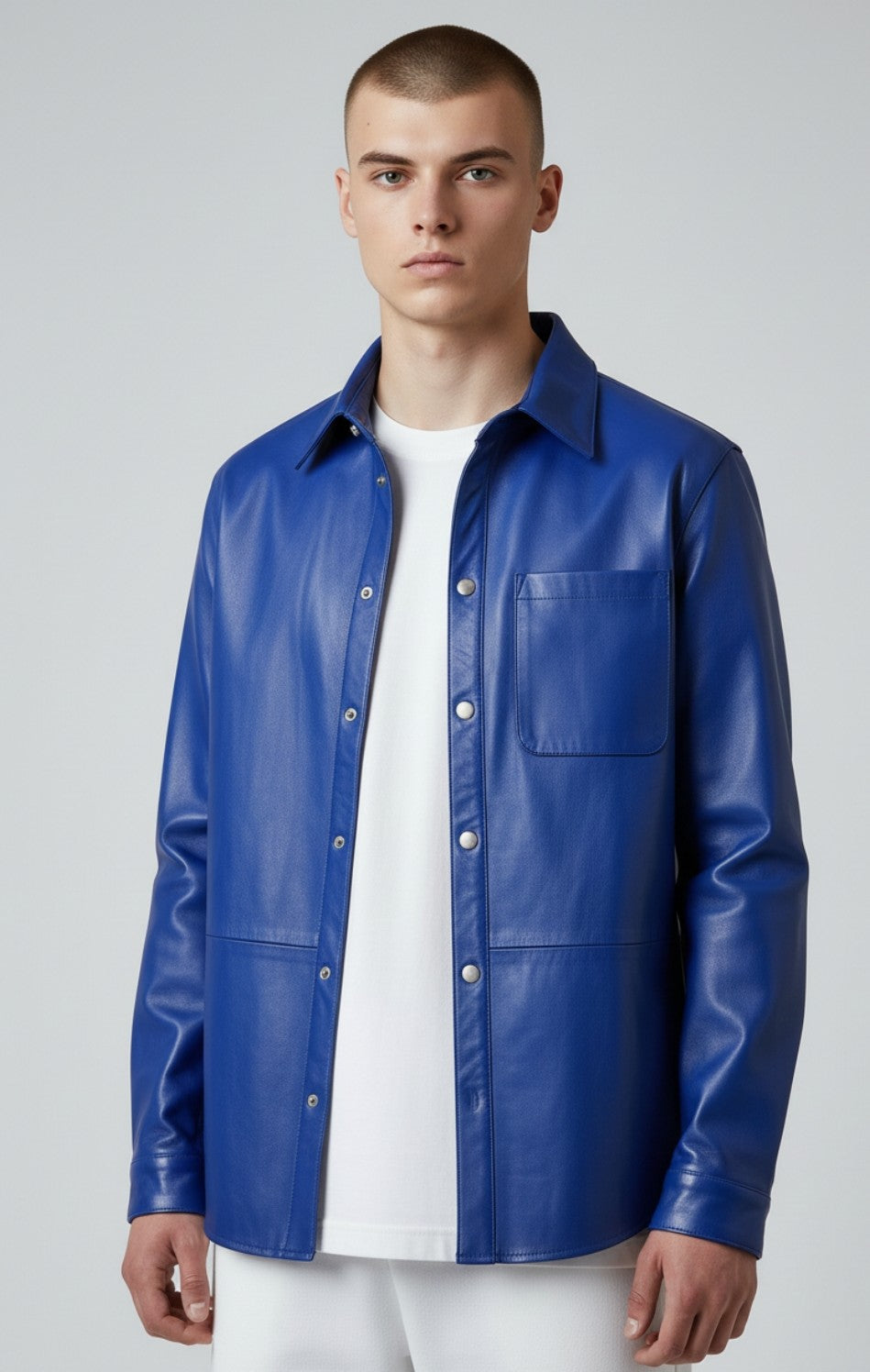 Men's Real Leather Full Sleeves Shirt Chest Pockets Blue Leather Shirt