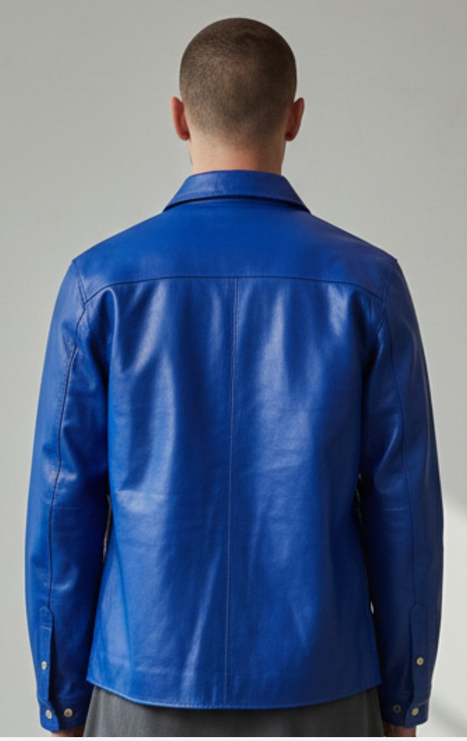Men's Real Leather Full Sleeves Shirt Chest Pockets Blue Leather Shirt