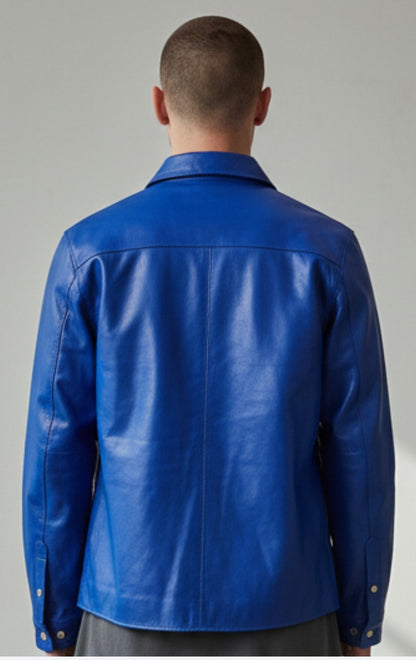 Men's Real Leather Full Sleeves Shirt Chest Pockets Blue Leather Shirt