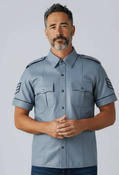 Men’s Real Leather Police Uniform Leather Shirt Grey Color Short Sleeve Shirt With Black Piping