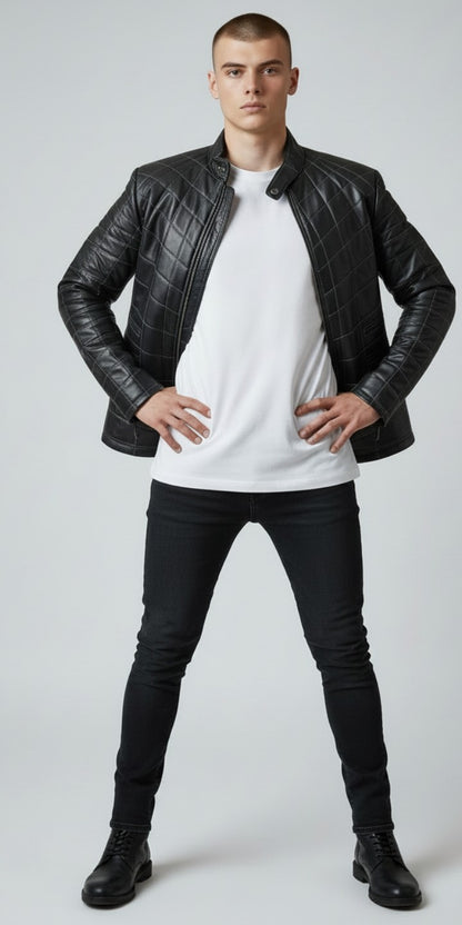 MEN'S REAL LAMB LEATHER JACKET SPIDER WEB QUILTED BIKERS JACKET