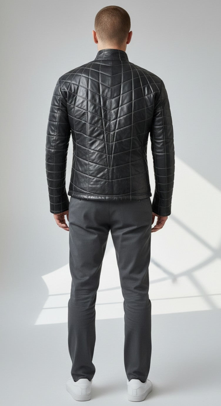 MEN'S REAL LAMB LEATHER JACKET SPIDER WEB QUILTED BIKERS JACKET