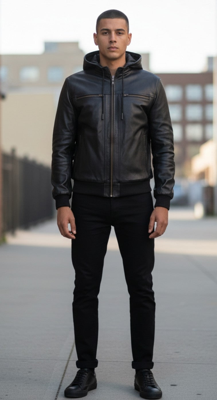 MEN'S REAL LAMB LEATHER JACKET WITH HOOD