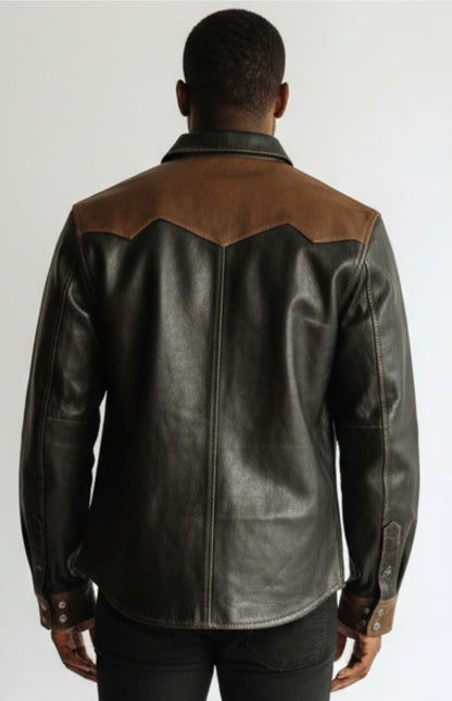 Men's Real Leather Full Sleeves Shirt Black With Brown Accent Leather Shirt