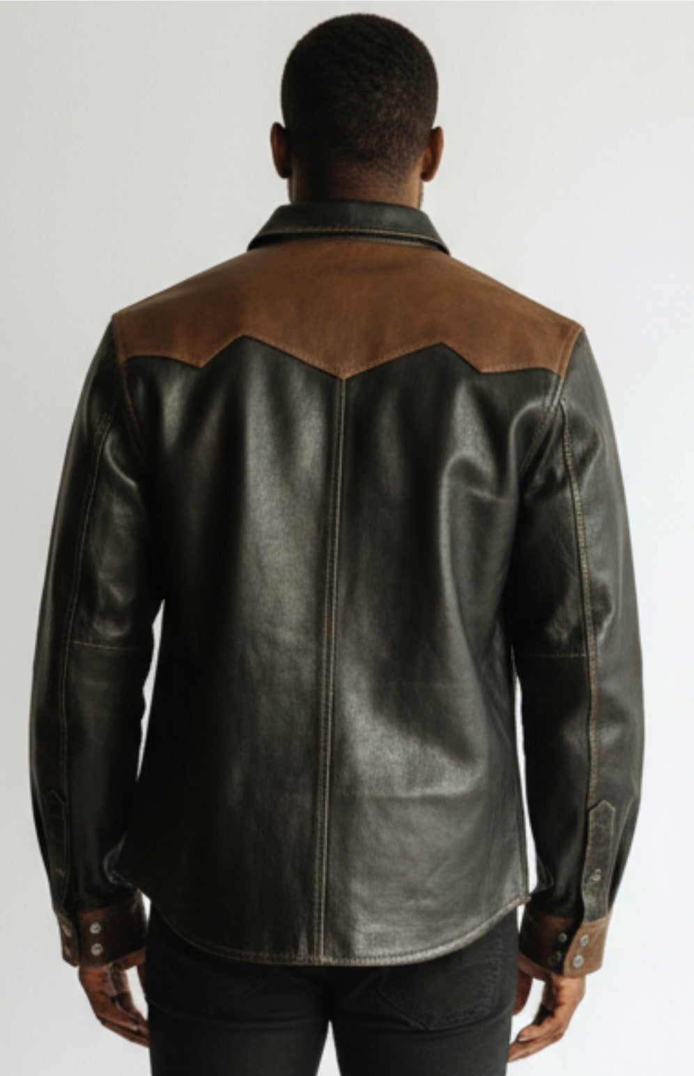 Men's Real Leather Full Sleeves Shirt Black With Brown Accent Leather Shirt