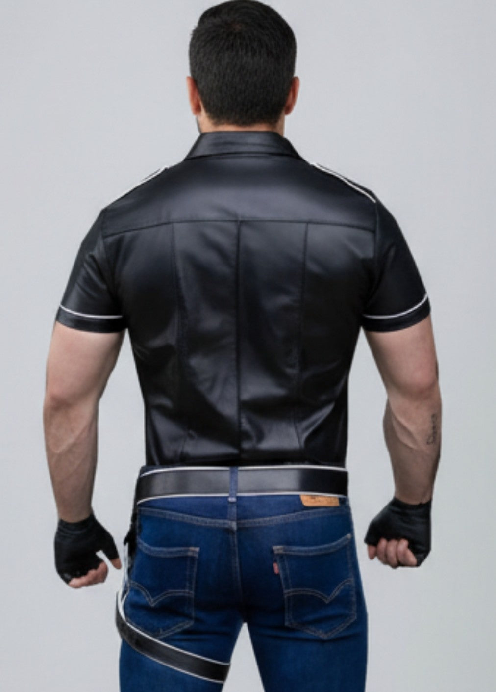Men’s Real Lamb Leather Police Uniform Shirt Short Sleeves Shirt With White Piping