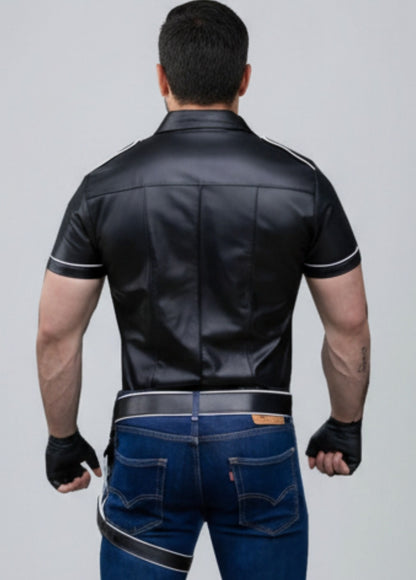 Men’s Real Lamb Leather Police Uniform Shirt Short Sleeves Shirt With White Piping