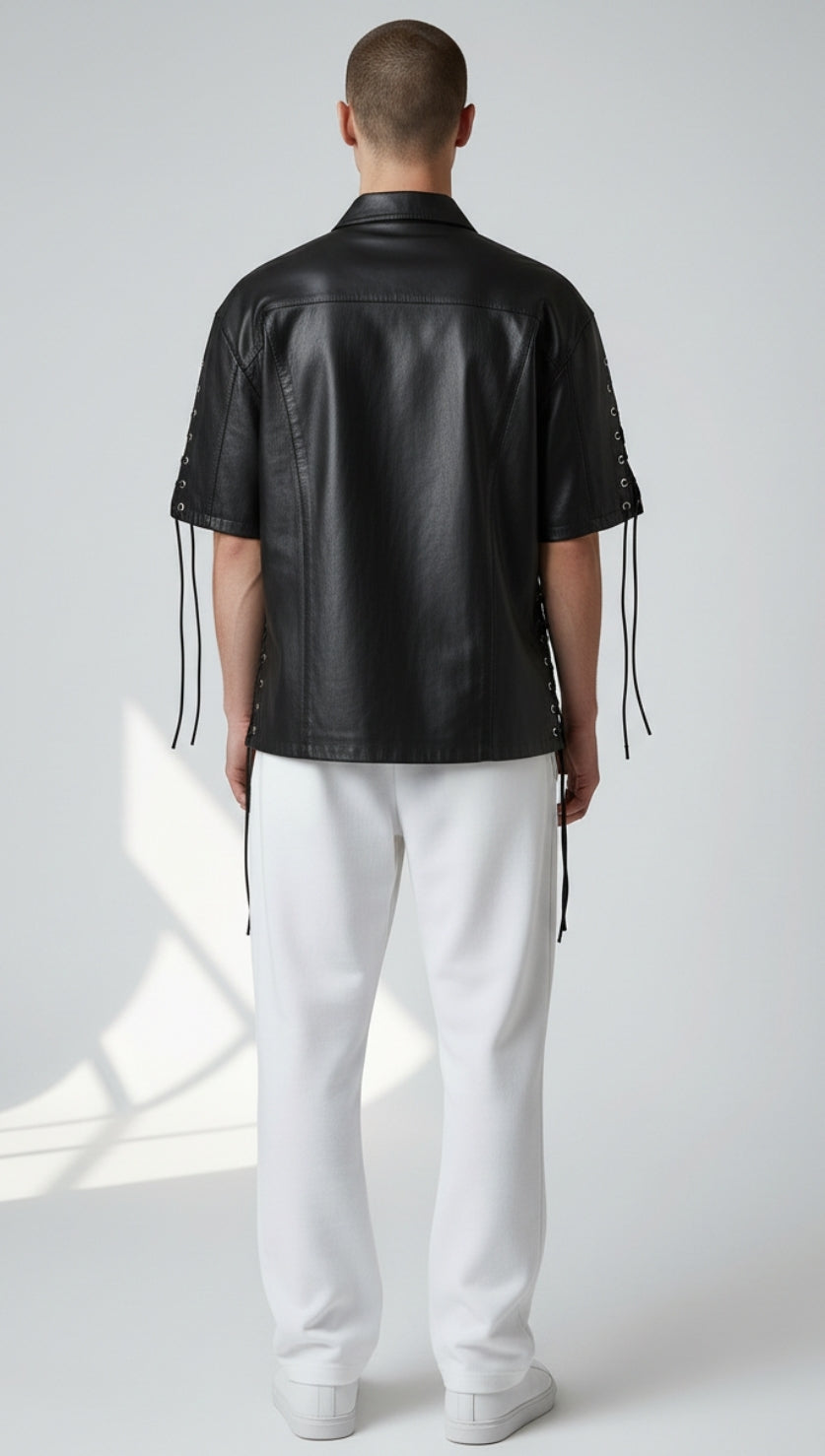 Men's Real Lamb Leather Shirt Laces Up Front,Sleeves & Slits Shirt In 7 Colors