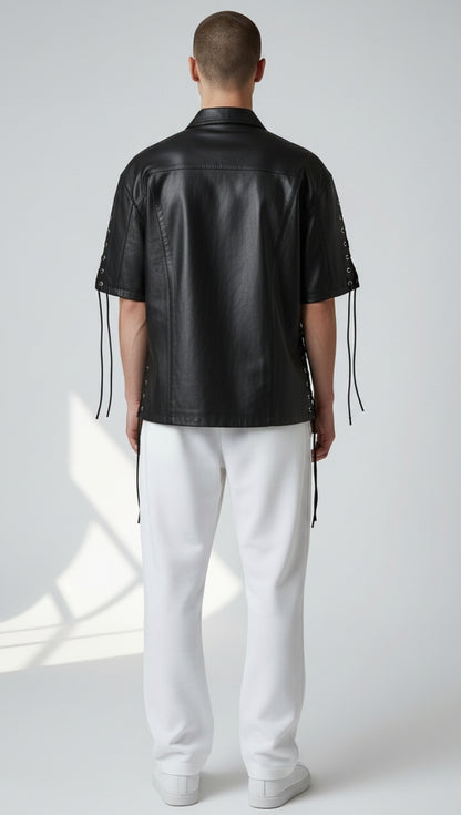 Men's Real Lamb Leather Shirt Laces Up Front,Sleeves & Slits Shirt In 7 Colors