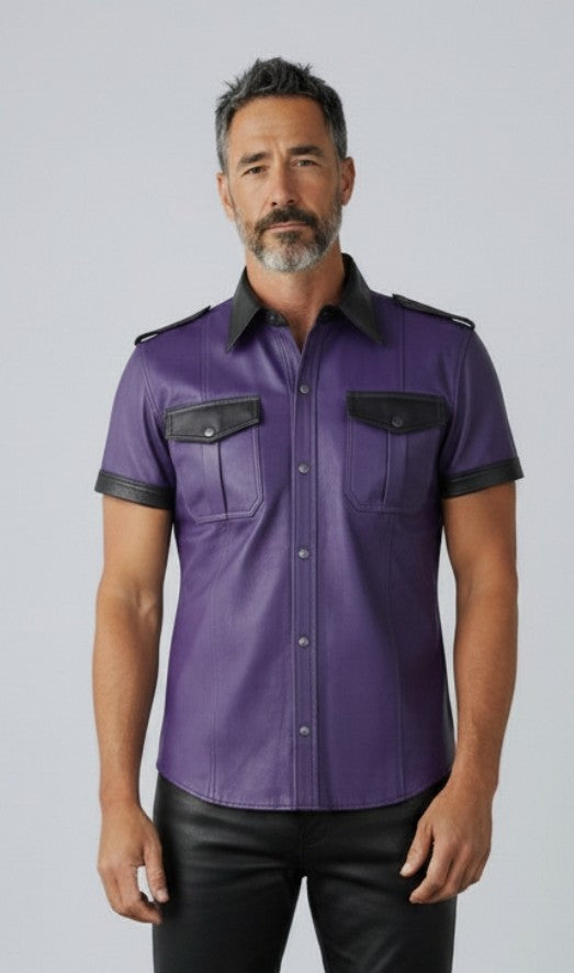 Men's Real Leather Police Shirt Soft Lamb Leather Gay Leather Shirt