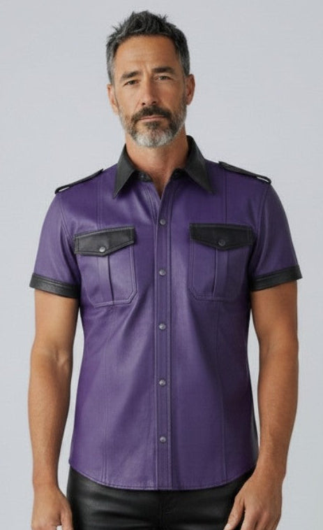 Men's Real Leather Police Shirt Soft Lamb Leather Short Sleeves Shirt