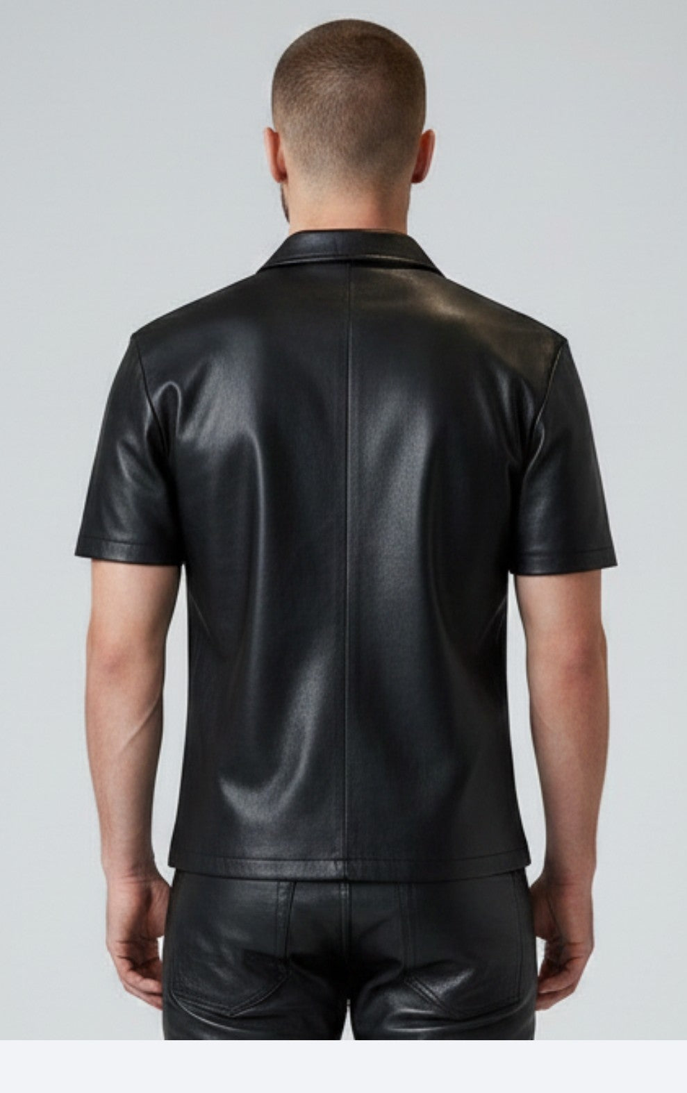 MEN'S REAL LEATHER SHORT SLEEVES ZIP UP SHIRT