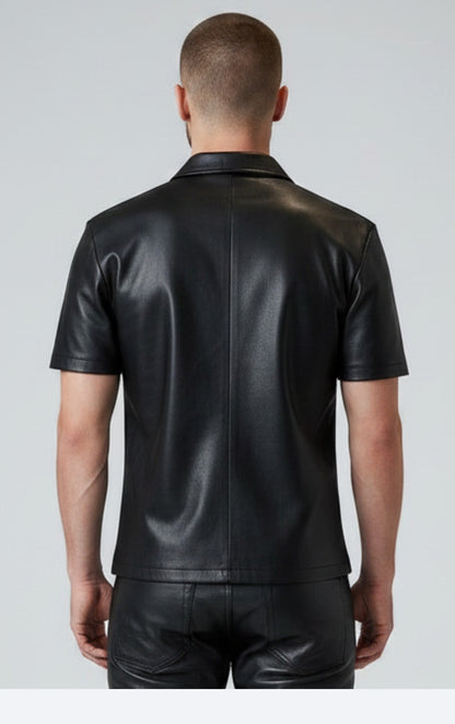 MEN'S REAL LEATHER SHORT SLEEVES ZIP UP SHIRT