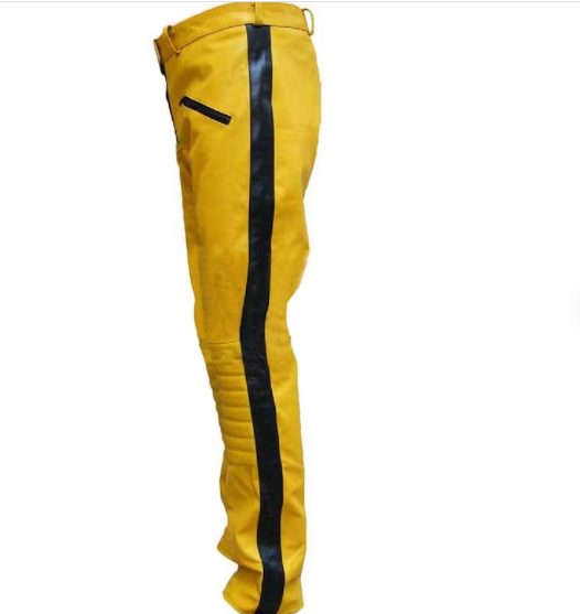 Men's Real Leather Bikers Pants Quilted Panels With Stripes & Piping