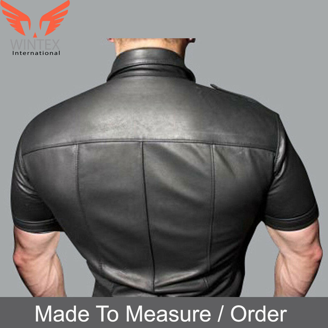Men’s Real Lamb Leather Police Uniform Shirt Sexy Short Sleeve Leather Shirt