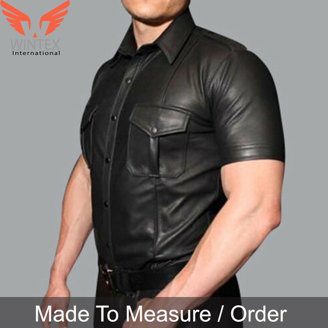 Men’s Real Lamb Leather Police Uniform Shirt Sexy Short Sleeve Leather Shirt