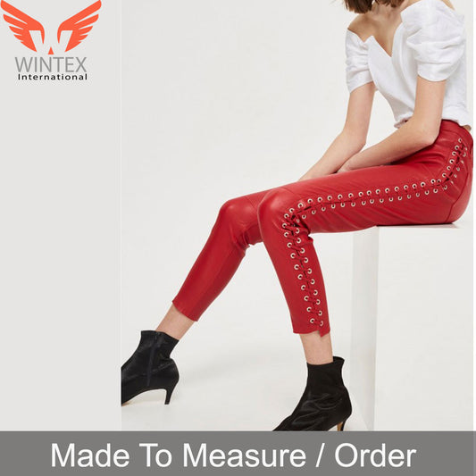 Women’s Real Leather Laces Up Slim Fit Pants – Sexy Side Laces Up Red Leather Pants