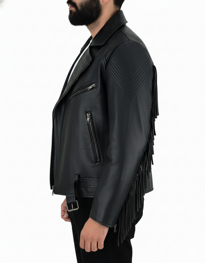 Men's Real Cowhide Leather Bikers Jacket Fringes At Sleeves & Back With Quilted Panels